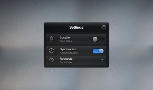 Dark Settings Widget with Icons & Toggle PSD widget web unique ui elements ui toggle timer icon timer synchronize sync icon sync stylish settings widget settings box settings requests quality psd original new modern map pin location interface icons hi-res HD fresh free download free elements download detailed design dark creative clean   
