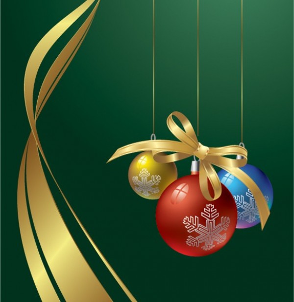 Green Christmas Swirl & Ball Vector Background web vector unique ui elements stylish quality original new interface illustrator high quality hi-res HD green graphic golden gold ribbon gold fresh free download free eps elements download detailed design dark creative christmas balls background   