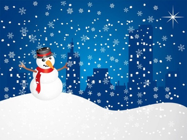 Happy Snowman City Winter Vector Scene wintertime winter web vector unique stylish snowman snowing skyscrapers quality original illustrator holidays high quality happy graphic fresh free download free download design creative city skyline city christmas   