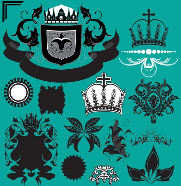 Heraldry Crown & Shield Floral Vector Elements Set web vintage vector unique ui elements stylish shield set royal ribbon quality original new interface illustrator high quality hi-res heraldry heraldic HD graphic fresh free download free floral elements floral eps emblem elements download detailed design crown crest creative banner badge ai   