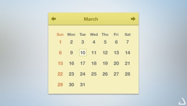 Smooth Flat Web Calendar Widget PSD yellow widget web unique ui elements ui stylish quality psd original new navigate modern interface hi-res HD fresh free download free flat calendar flat elements download detailed design creative clean calendar widget calendar arrows active state active   