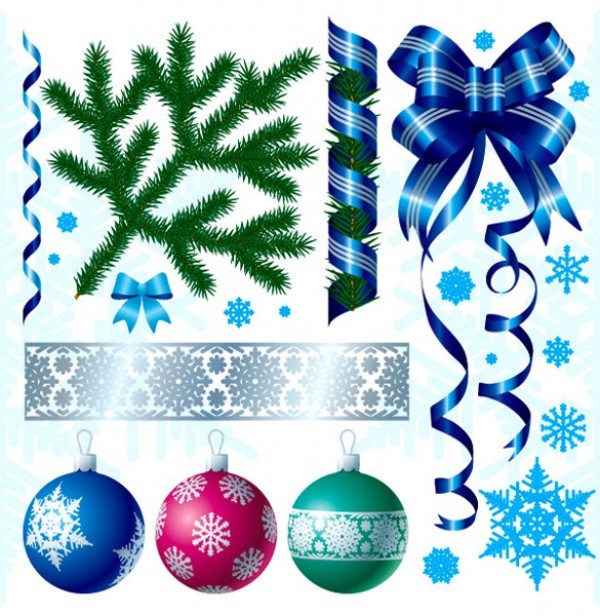 Christmas Season Vector Elements Set web vector unique ui elements tree bough stylish snowflakes set ribbons quality ornaments original new interface illustrator high quality hi-res HD graphic gift ribbon fresh free download free elements download detailed design creative christmas ornaments christmas elements christmas bough blue ribbon blue   