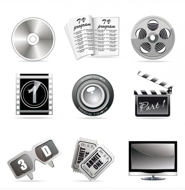 Film Movie Cinema Theme Icon Vector Set web vector unique ui elements tickets stylish quality original new movie interface illustrator icons high quality hi-res HD graphic fresh free download free film elements DVD download detailed design creative clapboard cinema camera lens big screen TV 3D glasses   