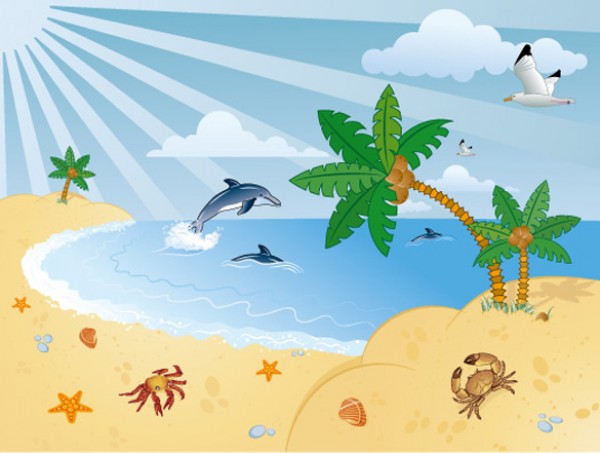 4 Tropical Beach Dolphin Vector Scenes web vectors vector graphic vector unique ultimate ui elements tropics tropical scene quality psd porpoise png photoshop palm trees pack original ocean new modern landscape jpg illustrator illustration ico icns high quality hi-def HD grungy grunge fresh free vectors free download free elements download dolphins design creative crab beach background ai   