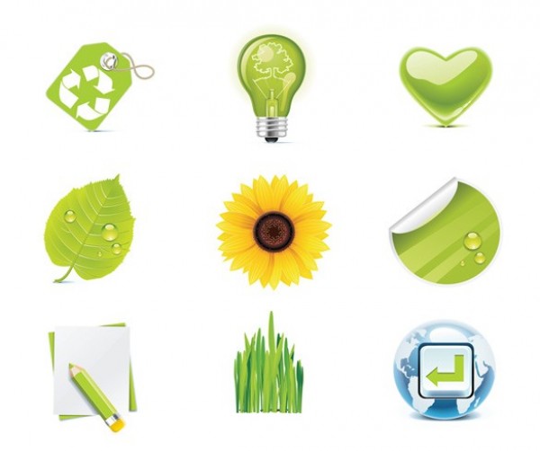 9 Stylish Green Eco Nature Vector Icons Set web vector unique ui elements tag sunflower stylish sticker recycle quality original new nature light bulb leaf interface illustrator icons high quality hi-res heart HD green grass graphic fresh free download free elements ecology eco download detailed design creative   