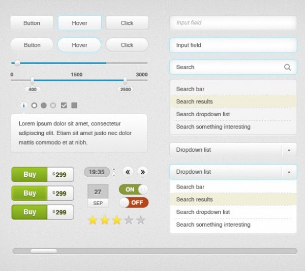 Light Clean Web UI Elements Kit PSD web unique ui set ui kit ui elements ui tooltips toggle stylish star rating slider quality psd progress bar original new modern light interface input fields hi-res HD fresh free download free elements dropdown download detailed design creative clock clean check boxes calendar buttons arrows   