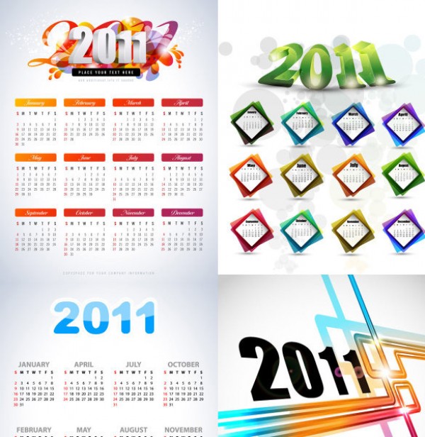4 Beautiful 2011 calendars in vector yellow sprinkle photoshop pack illustrator green glowing glow fresh free vectors free downloads eps creative bling ai abstract 4 pack   