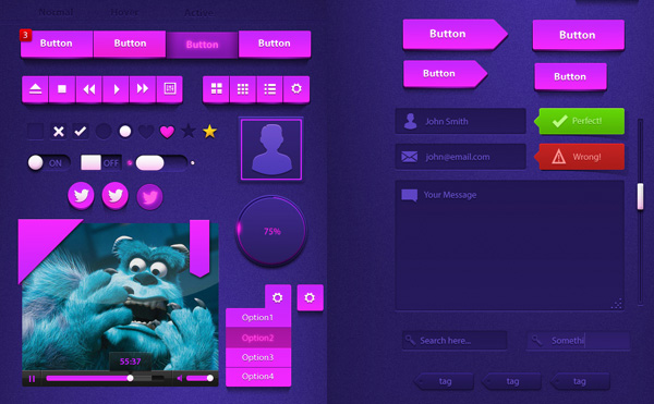Cool Purple Web UI Elements Kit PSD web video player unique ui set ui kit ui elements psd ui elements ui twitter icons toggle switches tags stylish star rating set quality purple ui kit psd original new navigation music player modern kit interface input fields image frame hi-res HD grid/view fresh free download free elements dropdown download detailed design creative clean buttons alerts   