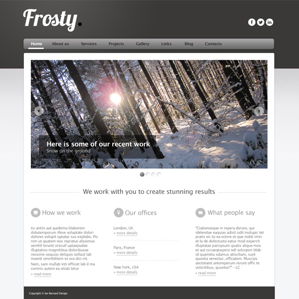 Frosty Smooth Minimal Website Template PSD website webpage web unique ui elements ui three column template stylish quality psd website psd original new modern minimal large image slider interface hi-res HD Frosty fresh free download free elements download detailed design creative clean   