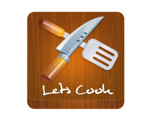 Let's Cook Wooden iPhone App Icon PSD web unique ui elements ui stylish quality psd original new modern let's cook knife iPhone icon interface icon hi-res HD fresh free download free flipper elements download detailed design creative cooking icon clean chopping block butcher knife 3d   