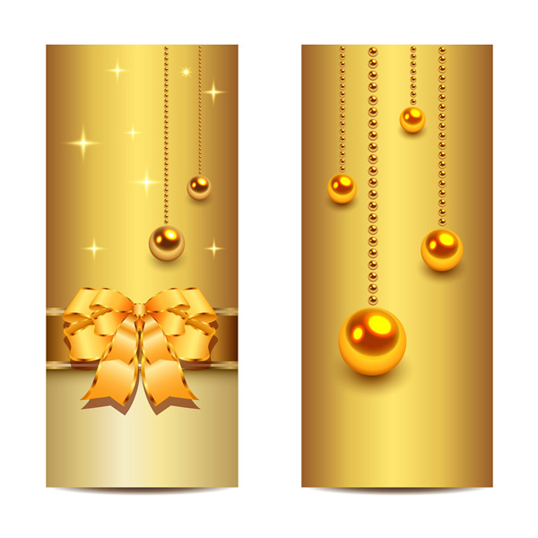 2 Golden Christmas Vertical Banners Set vertical vector ribbon golden gold free download free bow beads banners balls   