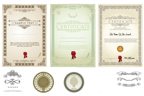4 Vintage Vector Certificates and Diplomas Set wreaths vintage vector set seals free download free diplomas decorations certificates award   