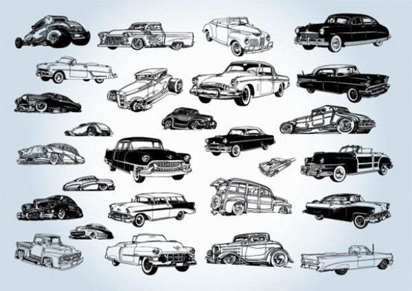 25 Amazing Vintage Vector Cars Collection web vintage vector unique stylish set retro quality pack original old illustrator high quality hand drawn graphic fresh free download free eps download design creative collection classic cars   
