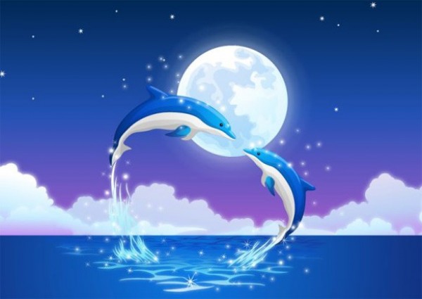 Leaping Dolphins in the Moonlight Vector Background web vector unique stylish stars starry starlight skies quality original ocean moonlight moon leaping illustrator high quality heart graphic fresh free download free fantasy eps download dolphins design creative blue background   