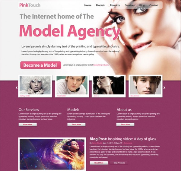 Model Agency Pinktouch Homepage PSD Design website template source files psd premium photoshop model Layer File hq high quality good design free website template free download design CS5 agency   
