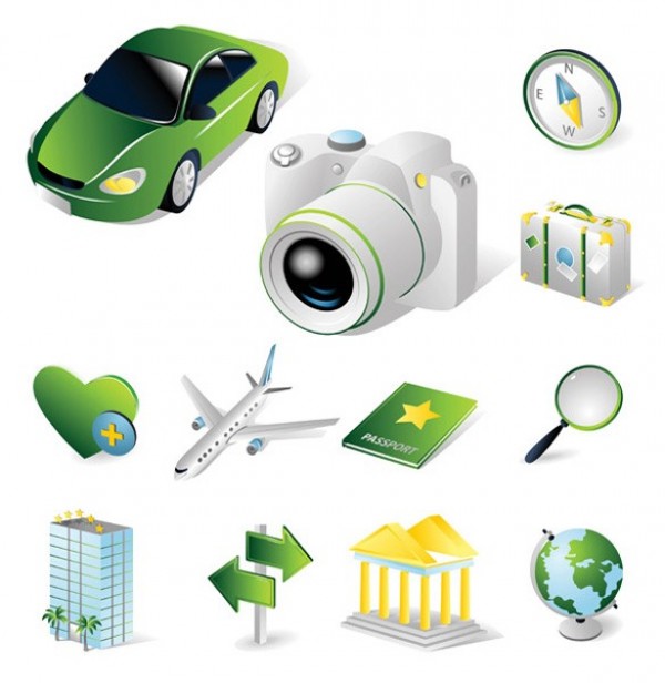 Quality Travel Theme Vector Icons Set Visa vector unique tourism stylish signpost quality passport original magnifying glass illustrator icon hotel high quality heart green graphic free download free earth download creative compass car camera baggage arrow airplane   