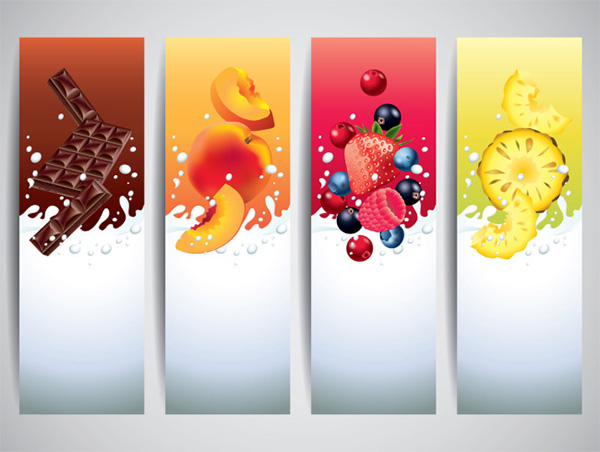 4 Juicy Fruit and Chocolate Vertical Banners Set vertical fruit banner vertical vector milk fruit banners fruit free download free chocolate banners   