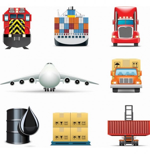 8 Cargo Transportation Vector Icons Set web vector unique ui elements truck transportation transport train stylish shipping ship quality plane original oil barrel new interface illustrator icon high quality hi-res HD graphic fresh free download free forklift elements download detailed design creative   