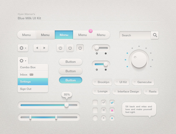 Blue Milk Web UI Elements Kit ui set ui kit ui elements set ui elements tooltip toggles tags switch sliders settings button search radio buttons progress bar power button menu knob free download free dropdown download check boxes buttons blue milk   