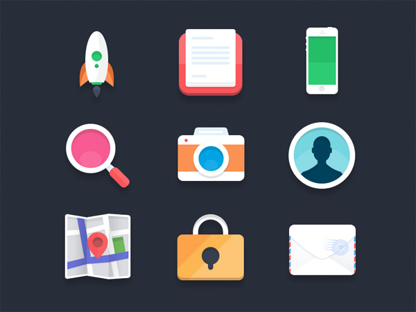 9 Amazing Flat Colorful Icons Set PSD zoom web unique ui elements ui stylish set rocket quality psd profile original notes new modern map mail magnifier lock iphone interface icons hi-res HD fresh free download free flat elements download detailed design creative colorful clean camera   