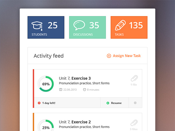 Flat Minimal Activity Feed Task Interface ui elements ui tasks students minimal free download free flat e-learning colorful assignments activity feed   