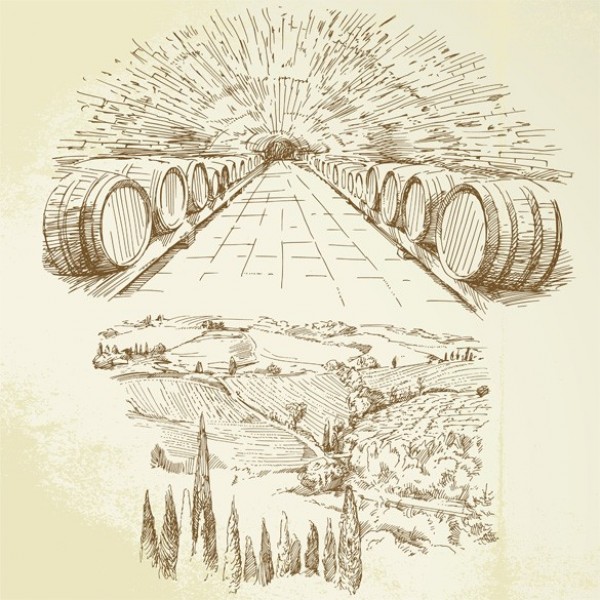 Hand Drawn Vineyard Countryside Background wooden barrels wine barrels wine web vineyard vector unique ui elements stylish quality original new interface illustrator high quality hi-res HD hand painted hand drawn graphic fresh free download free eps elements drawing download detailed design creative countryside card background   