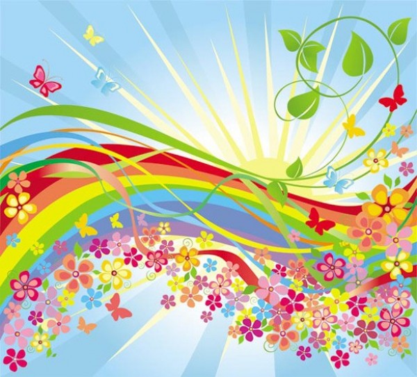 Colorful Summer Floral Vector Background web vector unique ui elements sunshine sun summer stylish ribbons rays quality original new interface illustrator high quality hi-res HD graphic fresh free download free flowers floral eps elements download detailed design creative colorful butterflies background   