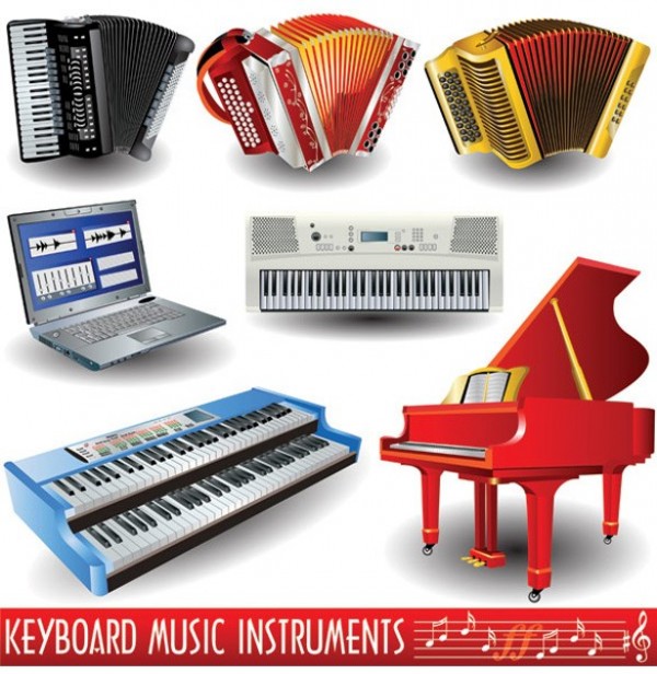 7 Musical Keyboard Vector Instruments web vector unique ui elements stylish red piano red quality piano original organ new musical music laptop keyboard illustrator high quality hi-res HD graphic grand piano fresh free download free electronic piano download design creative computer accordion   