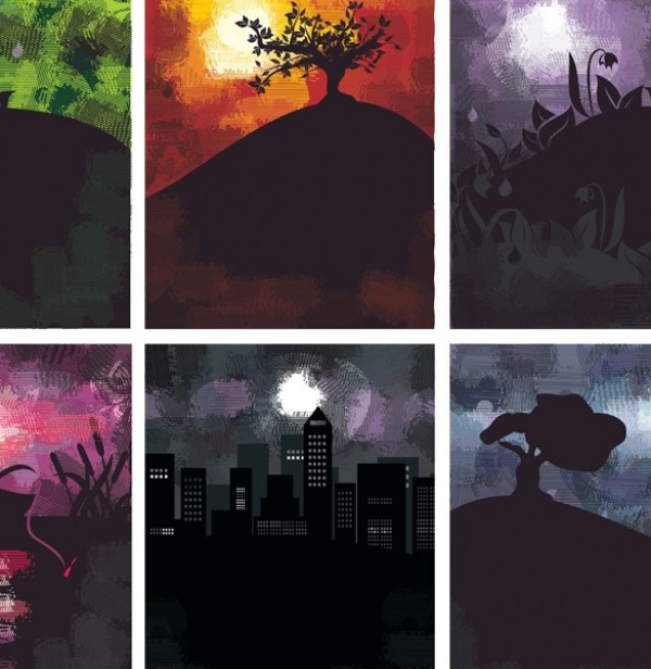 6 Grunge Night Landscape Vector Backgrounds web vector urban unique ui elements tree stylish spooky silhouette quality original night new moonlit moon landscape interface illustrator high quality hi-res HD grungy grunge graphic fresh free download free elements download detailed design dark creative city skyline background   