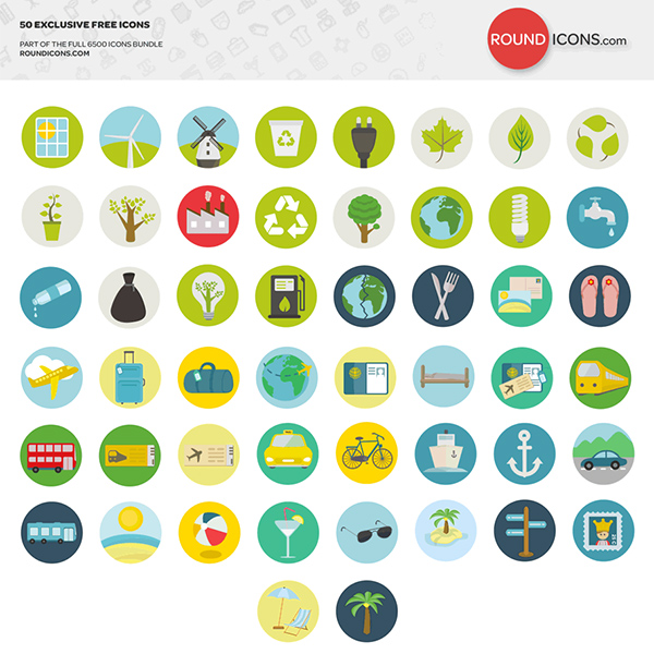 50 Round Travel & Ecology Vector Icons travel transportation round icons ecology   