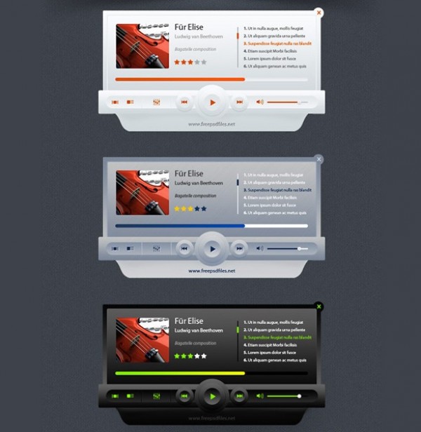 3 Showy Music Player Mockups Set PSD white web unique ui elements ui stylish song list slider quality psd player original new music player mp3 modern mockup interface hi-res HD grey fresh free download free elements download detailed design dark creative cover clean black audio album 3d   