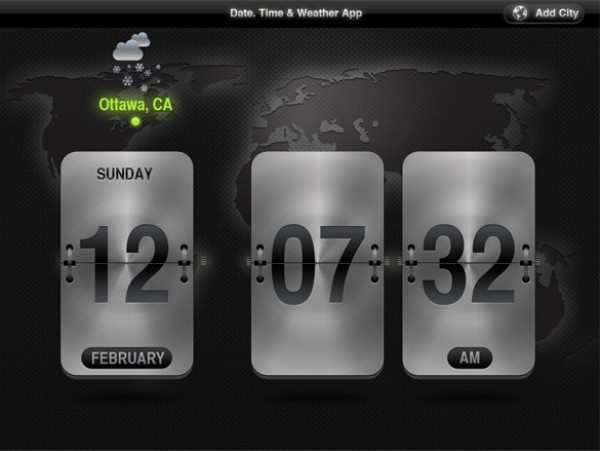 Metal Date/Time Flipper with Weather PSD world map widget web weather unique ui elements ui time stylish quality original new modern ipad interface hi-res HD fresh free download free flipper elements download detailed desktop design date flipper date dark creative clean   