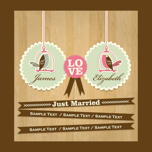 Quaint Love Bird Wedding Card Template wooden background wedding card wedding vector template ribbon banners love birds just married free download free   