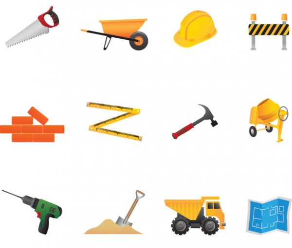 12 Building Construction Tools Icons wheel barrel web vectors vector graphic vector unique ultimate tools saw quality photoshop pack original new modern illustrator illustration icons high quality hardhat hammer fresh free vectors free download free dump truck drill download design creative construction cement mixer building ai   