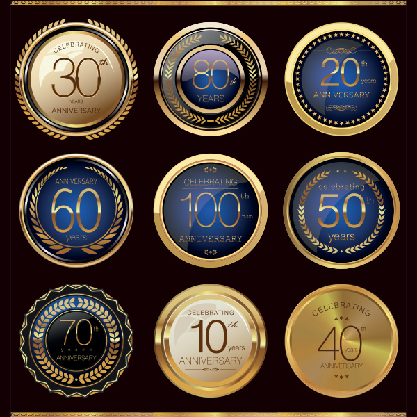 9 Golden Glass Anniversary Award Badges Set wreath set round metal luxury label gold glass free badges award anniversary   