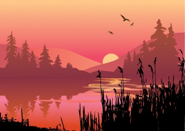 Tranquil Mountain Lake Sunset Vector Background wilderness web vector unique tranquil sunset stylish quality peaceful original mountain scene mountain lake lakeside lake sunset lake illustrator high quality graphic fresh free download free evening eps download design creative birds background   