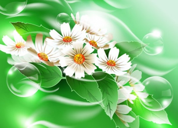 Floating Spring Daisies Abstract Vector Background web vector unique stylish spring quality original illustrator high quality green graphic fresh free download free flowers floral download design daisy daisies creative bubbles background   