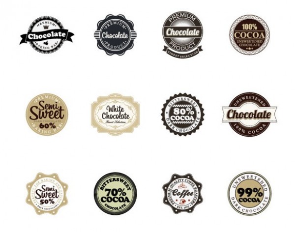 12 Delicious Chocolate Vector Badges Set web vintage vector unique ui elements stylish stickers set quality original new labels interface illustrator high quality hi-res HD graphic fresh free download free eps elements download detailed design creative chocolate labels chocolate candy badges   