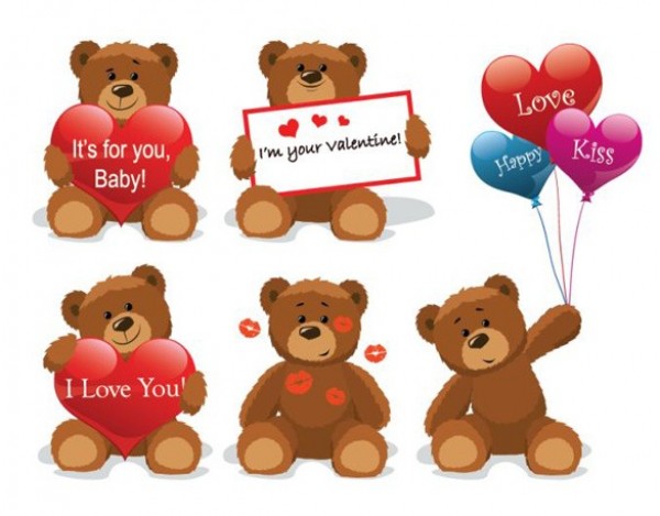 6 Lovable Valentine's Teddy Bears Vector Set web vector valentines unique teddy bear stylish red quality original love kisses illustrator high quality hearts graphic fresh free download free download design creative balloons   