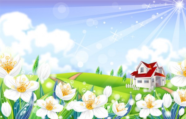 Country Home Springtime Vector Landscape web vectors vector graphic vector unique ultimate ui elements spring quality psd png photoshop pack original new modern meadow landscape jpg illustrator illustration ico icns house high quality hi-def HD fresh free vectors free download free flowers fields elements download design creative countryside background ai   