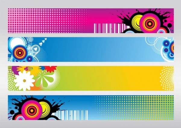 4 Colorful Abstract Vector Banners/Headers Set yellow web vector unique ui elements stylish splatter splash set quality pink original new interface illustrator high quality hi-res HD halftone green graphic fresh free download free floral eps elements download detailed design creative colorful circles blue banners abstract banners abstract   