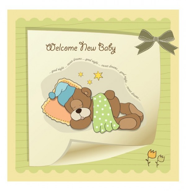 Sweet Sleeping Teddy Bear Baby Card web vector unique ui elements template teddy bear stylish sleeping quality original new baby card new interface illustrator high quality hi-res HD graphic fresh free download free eps elements download detailed design decorated creative bow blue background baby card ai   