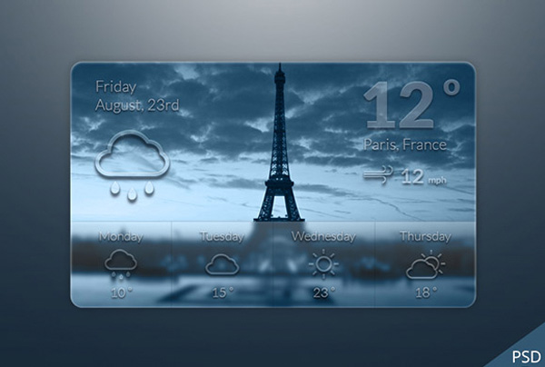 Transparent Weather Widget PSD web weather widget weather icons weather forecast weather unique ui elements ui transparent temperature stylish quality psd original new modern interface icons hi-res HD fresh free download free elements download detailed design date creative climate clean city cities background   
