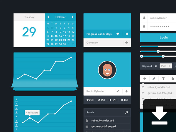 Flat Minimal Web UI Elements Kit widget ui set ui kit ui elements ui sliders set profile notepad minimal metro login graph free download free flat dropdown toolbar calendar blue advanced search   