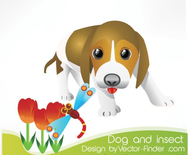 Curious Little Dog and Insect Graphic vectors vector graphic vector unique tulips quality puppy pup photoshop pack original modern insect illustrator illustration high quality fresh free vectors free download free flower dragonfly download curious creative beagle ai   