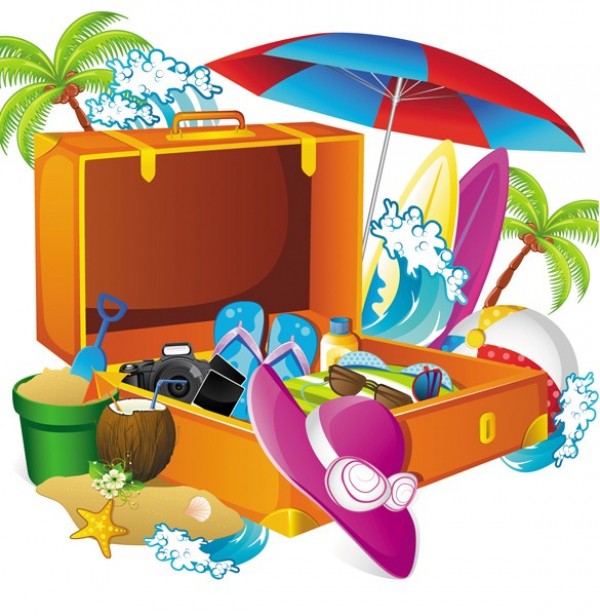 Tropical Vacation Suitcase Vector web wave vector vacation unique umbrella ui elements tropics tropical tree sunhat sunglasses suitcase stylish sea sandals sand pail sand quality Palm original ocean new lotion interface illustrator holiday high quality hi-res HD graphic fresh free download free eps elements download detailed design creative coconut camera background   