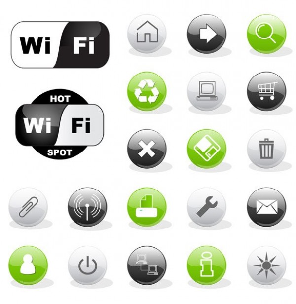 Glossy Web & WiFi Vector Icons Set wifi symbol wifi label wifi web vector unique ui elements stylish set quality original new interface illustrator icons high quality hi-res HD green graphic glossy fresh free download free eps elements download detailed design creative black   