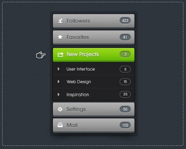 Chunky Dropdown Menu with Counters PSD web unique ui elements ui submenu stylish quality psd original new modern menu interface hi-res HD grey green fresh free download free elements dropdown menu dropdown download detailed design dark creative counters clean chunky buttons 3d   