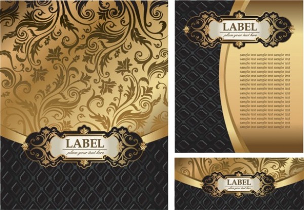 3 Luxury Gold Black with Label Backgrounds web vintage vector unique ui elements swirls stylish scroll quality pattern ornate original new label interface illustrator high quality hi-res HD graphic gold gleaming fresh free download free floral European elements download detailed design decorative creative covers black background   