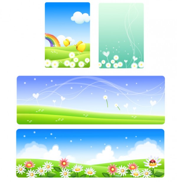 6 Sunny Spring Vector Backgrounds web vectors vector graphic vector unique ultimate summer spring rainbow quality photoshop pack original new modern meadow landscape illustrator illustration high quality green grass fresh free vectors free download free flowers fields download design creative butterflies background ai   